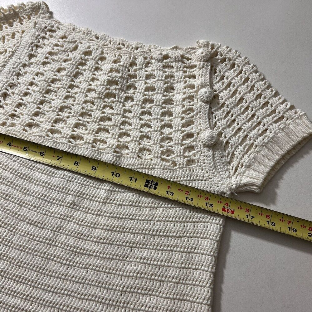Lela Rose Sweater Women’s M White Crochet Knit Short Sleeve Baby Doll Prairie‎ - Picture 6 of 7